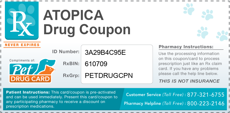 This Atopica coupon provides significant prescription savings at pharmacies nationwide