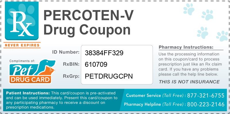 This Percoten-V coupon provides significant prescription savings at pharmacies nationwide